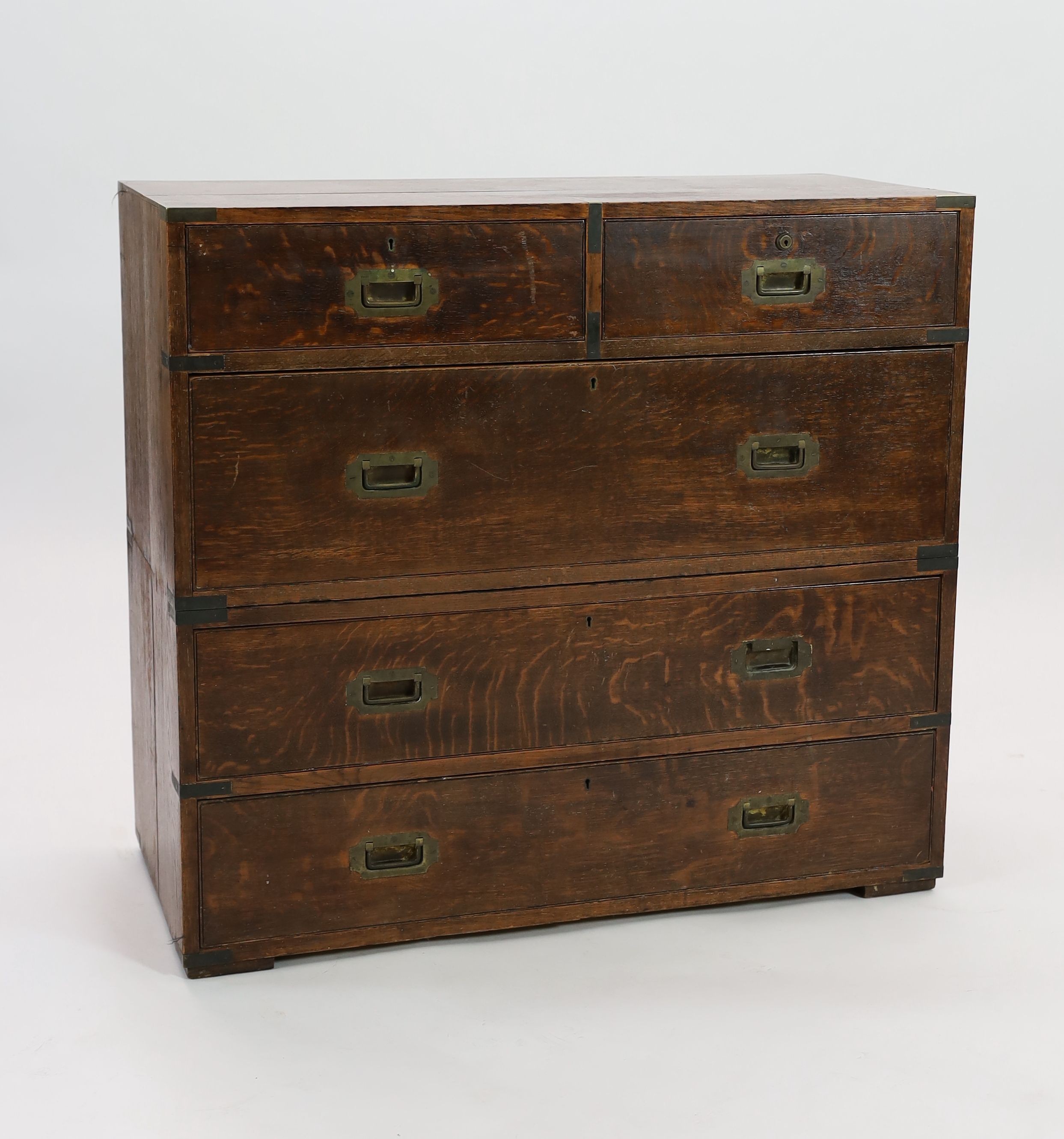 A late Victorian brass bound oak campaign chest, W.99cm D.45cm H.91cm